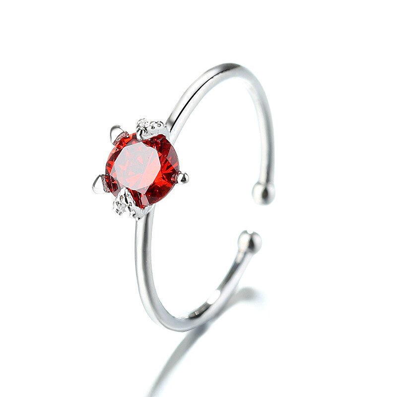 Silver Rings Cat Adjustable Finger Rings 925 Wine-red Zircon Cute Cat Ring for Women Jewelry