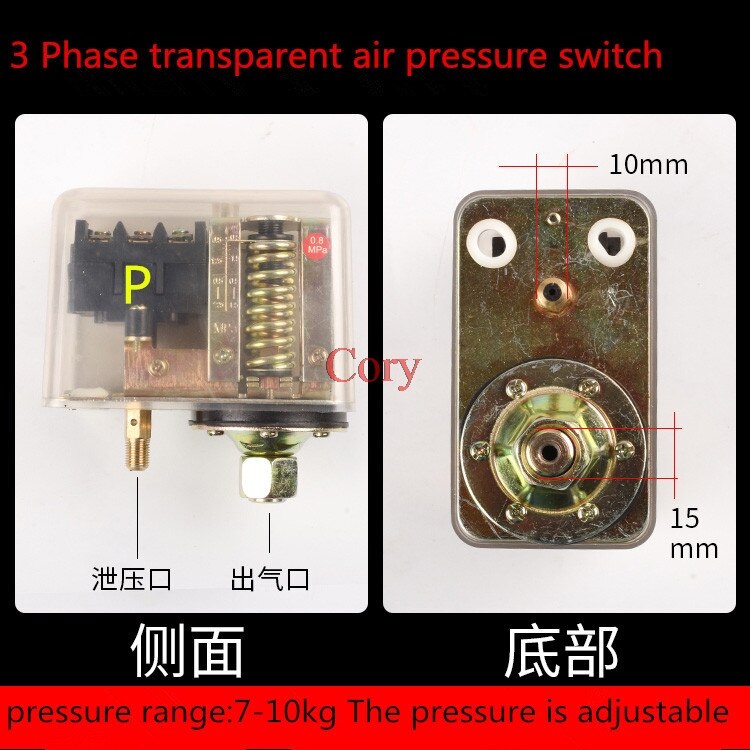 1PC Air Compressor Pressure Switch Control Valve Automatic Switch 20A 175PSI 12Bar 1 Port/4 Ports 220V/380V Red ON/OFF knob: P