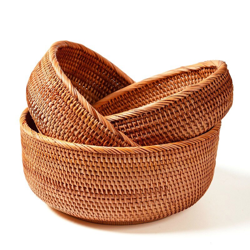 Cesta de mimbre para almacenamiento de frutas, pan, verduras, cestas de ratán Natural, cuencos redondos para llaves, mesa de cocina apilable, encimera de despensa