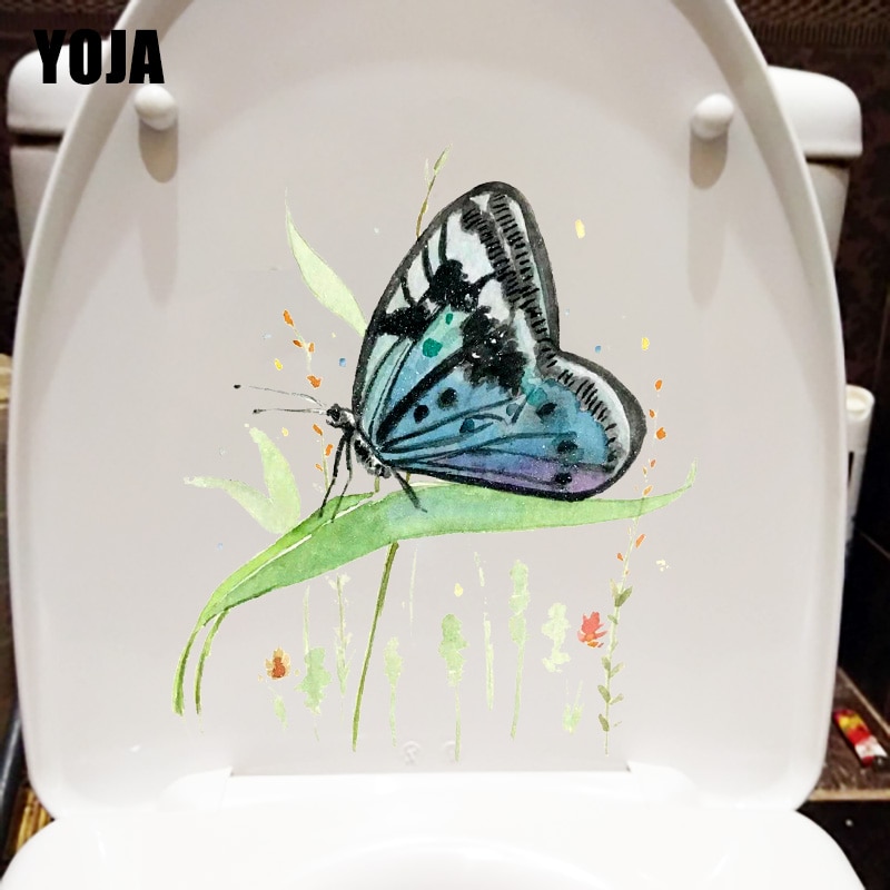 Yoja 19.7 x 23.2cm dejlig tegneserie toilet d sommerfugl blomst akvarel sjovt hjem wallstickers vægmaleri  t1-1564
