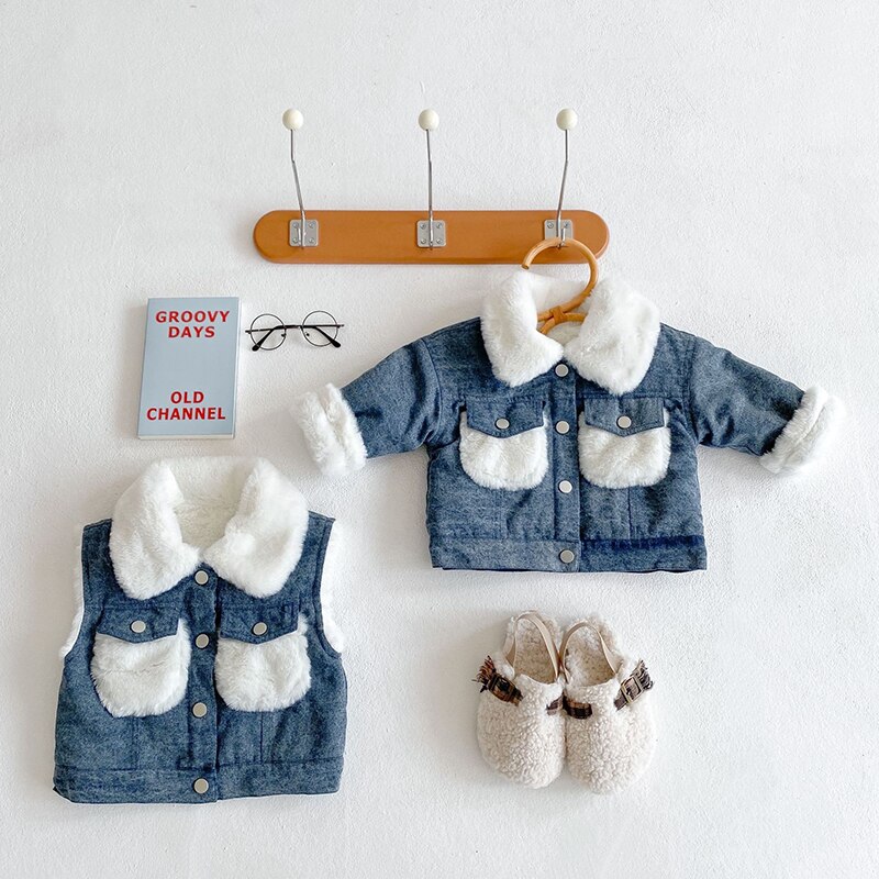 Casaco de bebê inverno engrossado colete da criança roupas do bebê primavera outono 2021 bebê menina menino denim jaqueta mangas compridas cardigan