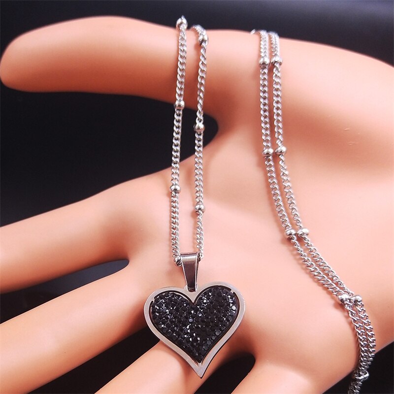 Stainless steel black crystal heart necklace charm women silver color small pendant necklace jewelry acero inoxidable  n8047 s 01