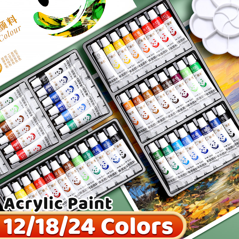 Conjunto de tinta acrílica 12/18/24 cores 5ml/0.17oz, pigmentos ricos de arte portáteis à prova de água para artesanato DlY, desenho, pintura, tela, rocha
