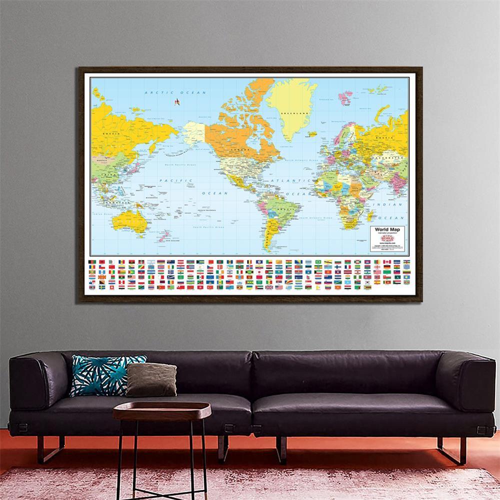 150X225 Cm De Wereld Mercator Projectie Kaart Met Nationale Vlaggen Non-woven Waterdichte Wereldkaart Voor Reizen en Reis