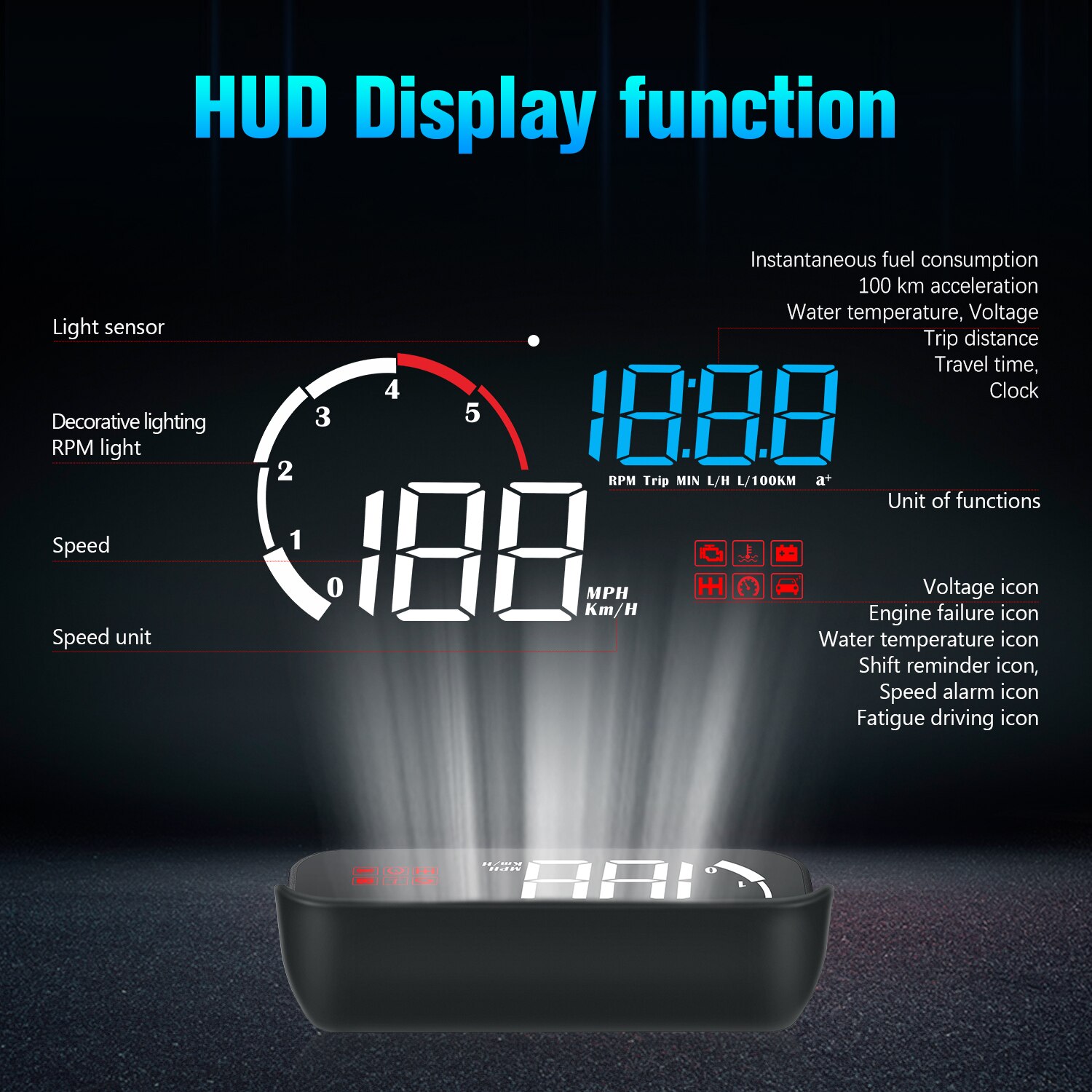 Digital M10 Car HUD OBD2 Head-Up Display tachimetro contachilometri per camion con avviso di velocità eccessiva/orologio per auto, grande schermo