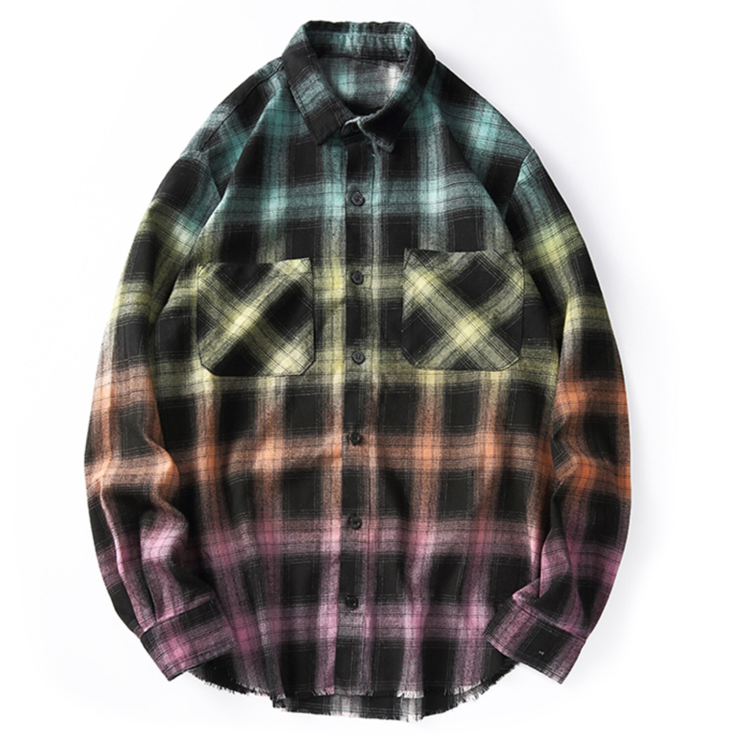 Gradient Rainbow Color Plaid Cotton Shirts Streetwear Casual Style Autumn Long Sleeve Blouses Shirts Men Women Tops