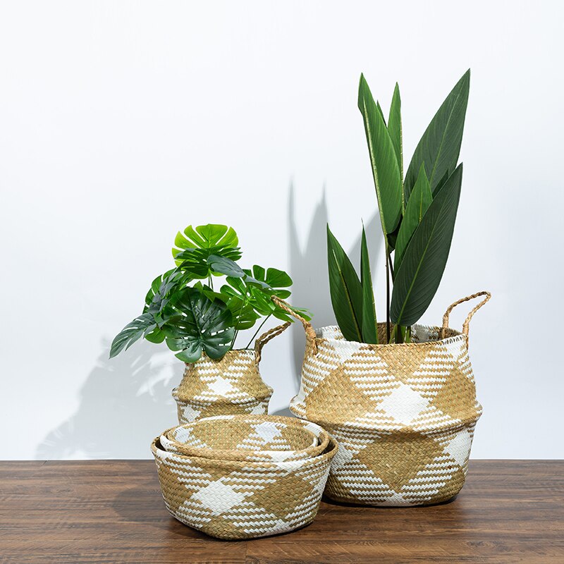 Nodic Wicker Storage Baskets Handmade Rattan Striped Basket with Handle Folding Seagrass Belly Garden Flower Pot Plant Basket