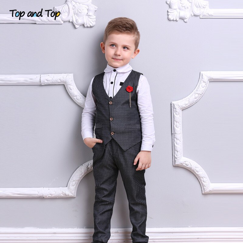 Top and Top Boy Clothes Set Boys Formal Suits Cotton Bow Tie Long Sleeve Shirt+Vest+Trousers 3Pcs Kids Gentleman Outfit
