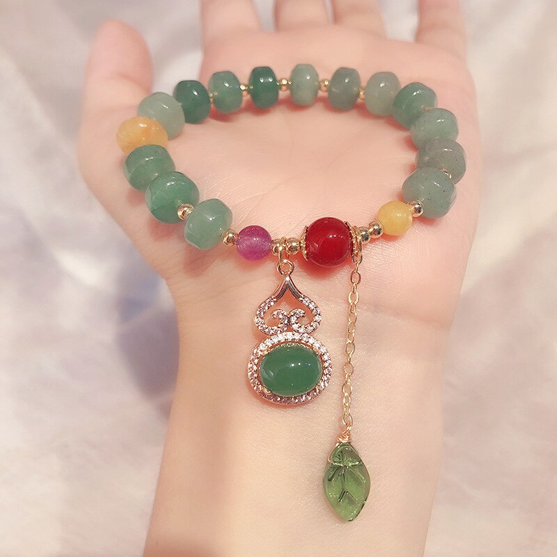 Natural Agate Beaded bracelet For Women Gourd Leaf Pendant Bracelets &amp; Bangles Bijoux Women Cinnabar Jade Fine Lucky Jewelry: Jade beads