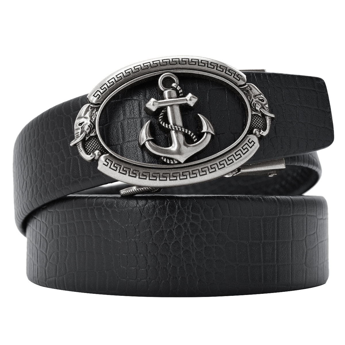 Gold Anchor Belts Men Luxury Brand Automatic Buckle Leather Waist Belt for Jeans Kemer riem: Black Silver Buckle / 105CM
