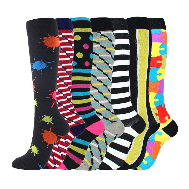 7 stk / sæt kompressionssokker rigt farverigt sæt knæhøj polyester nylon trykt strømpebukser fodtøj udendørs sportsafslappet sokker: C / L / xl