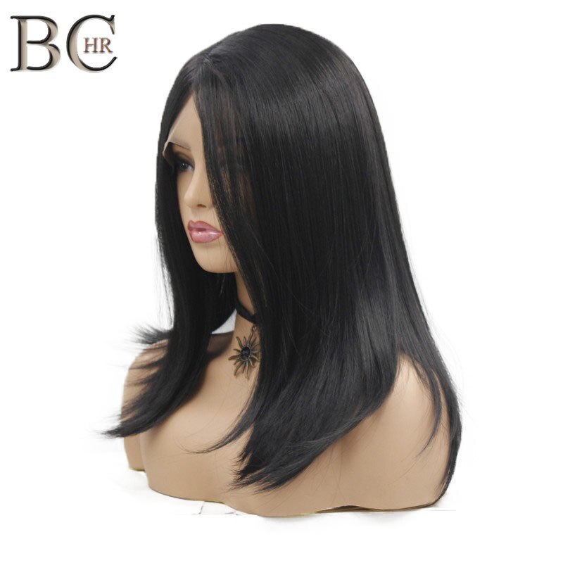 BCHR-perruque synthétique lisse mi-longue noire, cheveux avec raie latérale en fibre résistante à la chaleur, 13*4, pour femmes noires