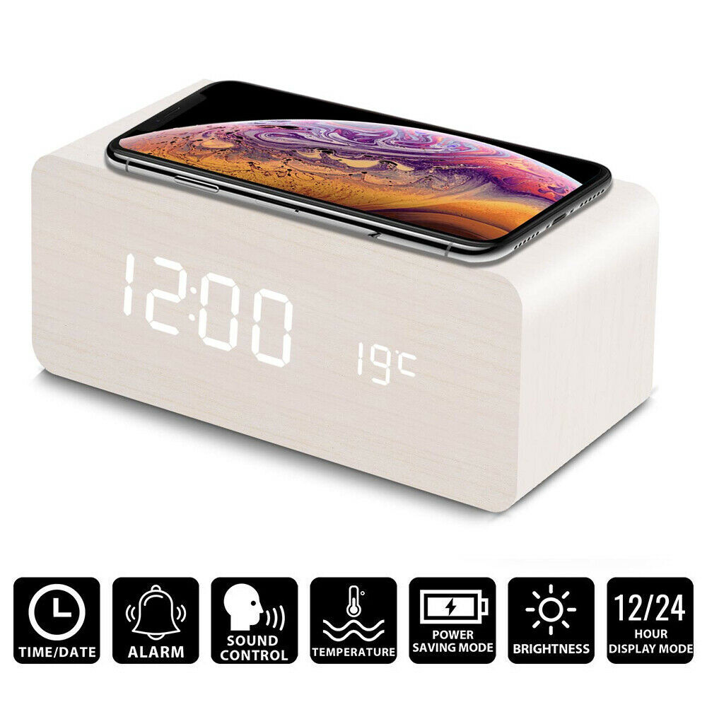 Modern Wooden Wood Digital LED Desk Alarm Clock Thermometer Wireless Charger: White