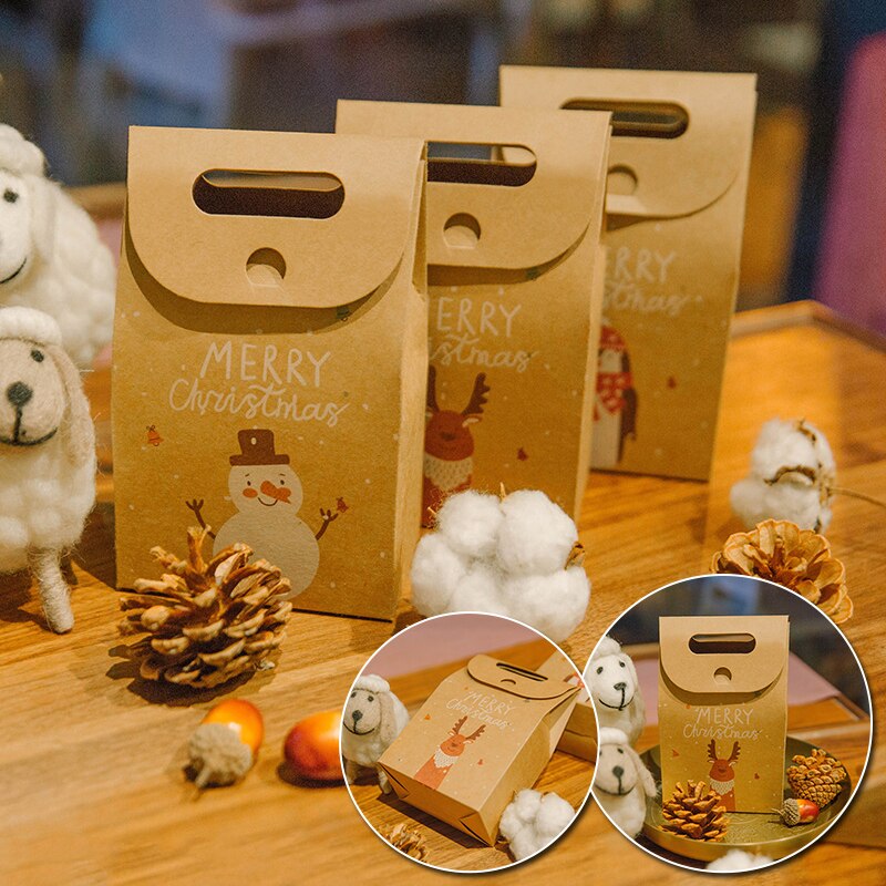 1Pcs Christmas cartoon kraft paper box retro kraft paper cartoon tote bag candy biscuit apple packaging tote bag