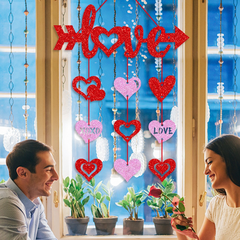 Letrero de puerta del Día de San Valentín, romántico de corazón rojo, adorno colgante para puerta delantera, letra feliz impresa, decoración de corona del 14 de febrero