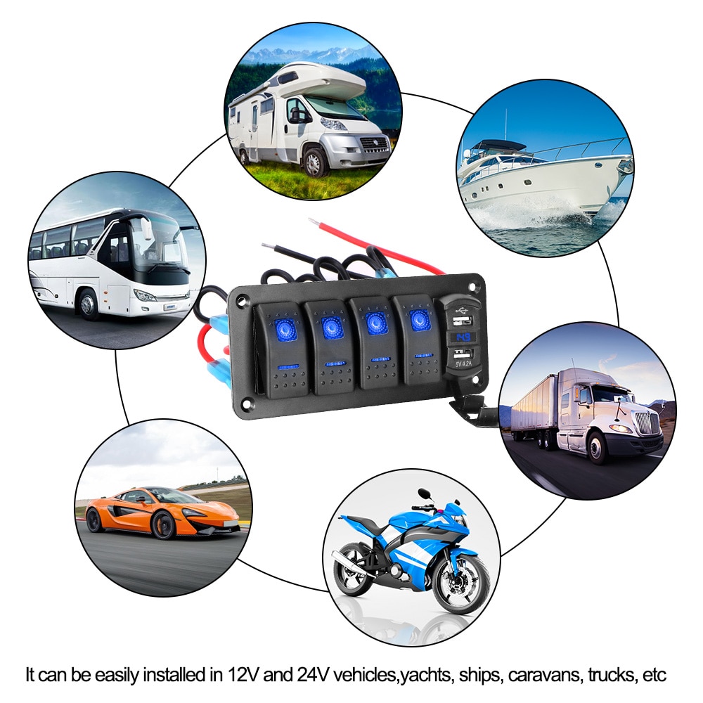 Voltímetro Digital para coche marino, impermeable, doble puerto USB, 4 bandas de palanca de interruptor basculante, 12V/24V, Panel de interruptor LED + pegatina