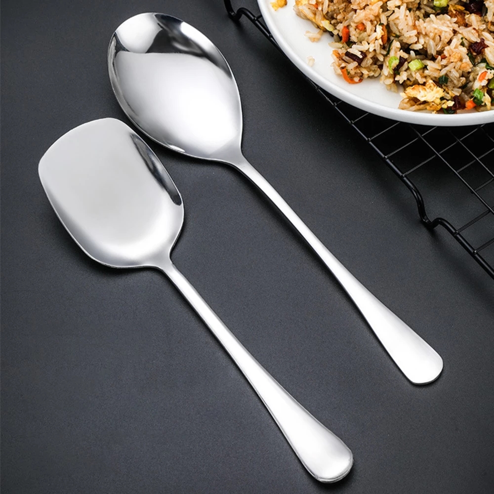 Big Spoon Large Round/Square Handle Stainless Steel Serving Spoon Long Handle Soup Spoon Kitchen Flatware