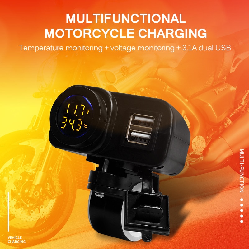 Motorcycle Digital Display Waterproof Phone Charger Dual USB Charger Voltmeter Thermometer For Cell Phone