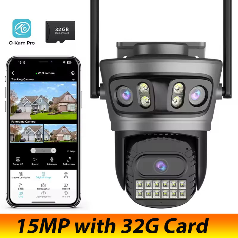 O-Kam Pro-Caméra de surveillance extérieure PTZ WiFi HD 15MP, dispositif de sécurité sans fil, avec suivi automatique et plusieurs écrans, n'aime numérique x10: 1/1. 8 " / Prise anglaise