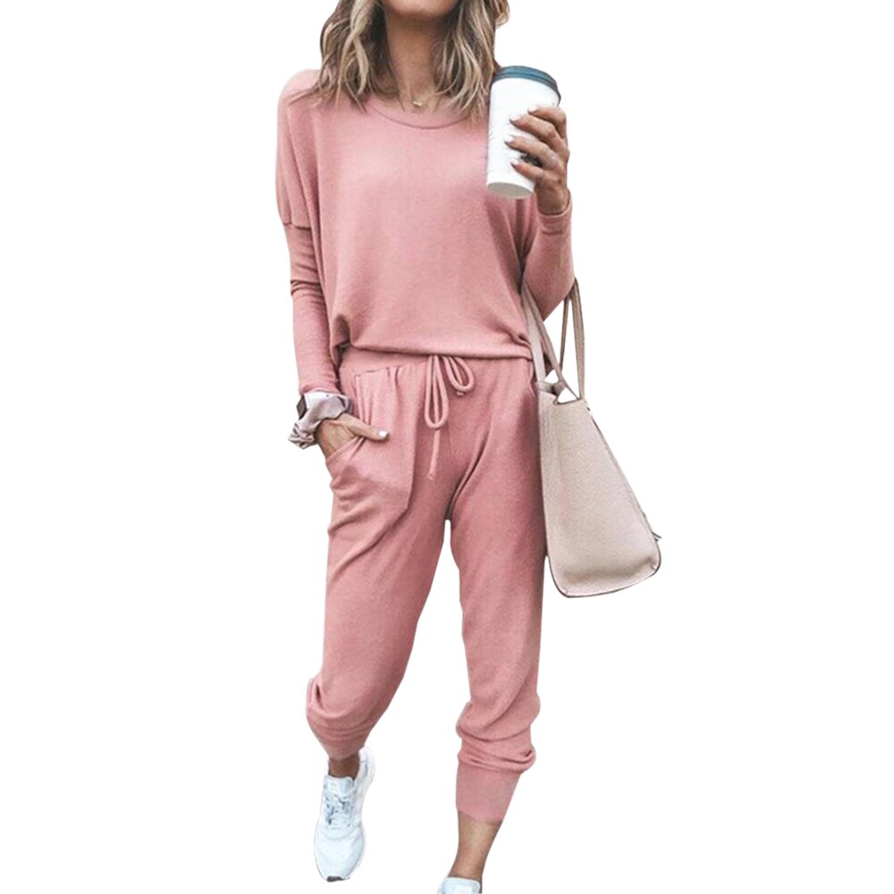 Chándal rosa para mujer, conjunto de 2 Uds., jerséis de cuello redondo, sudadera, pantalones de chándal, traje de manga larga liso, ropa deportiva informal,