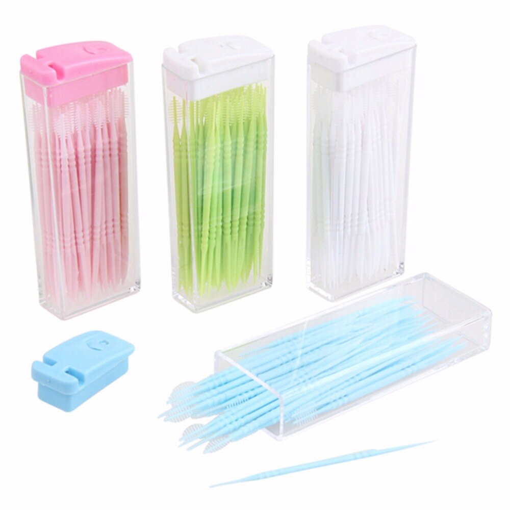50 Stks/pak 2 Manier Oral Dental Plastic Tooth Pick Interdentale Borstel Tandenstokers Met Draagbare Case Kleur Willekeurige
