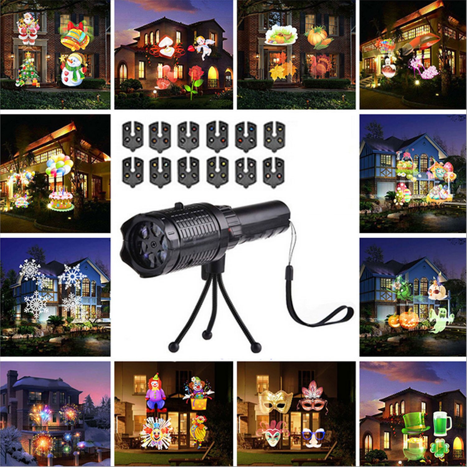 Besegad draagbare 2 in- in-1 usb-aangedreven handheld led-projectorlamp met 6 diapatronen, statief voor kerstmis en halloween
