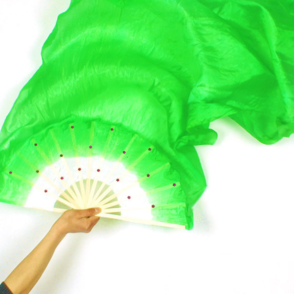 Long voile de ventilateur pliable en bambou, fait à la main, coloré en soie, flamme, danse du ventre, Art, jaune, rouge, bleu: green