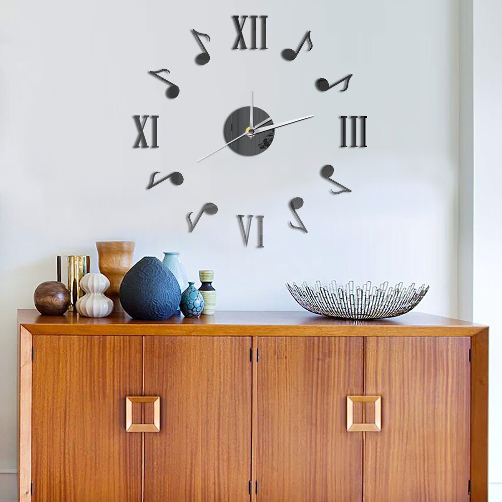 Musical Note DIY Wall Clock Acrylic Unique Quartz Silent Clock Modern DIY Self-adhesive Mirror Home Decoration