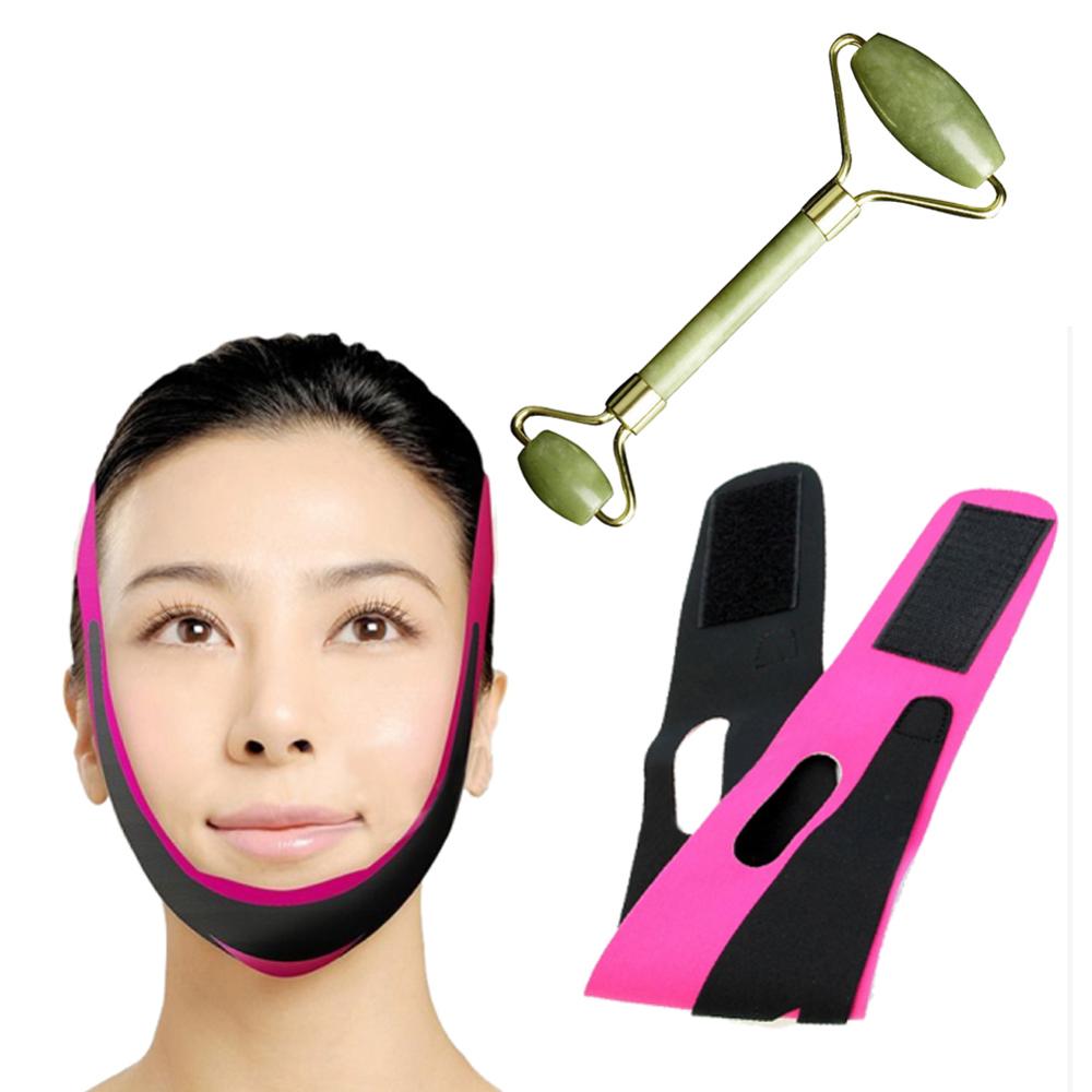 2 Stks/set Gezicht Slanke V-Lijn Lift Up Riem Wang Chin Dunne Afslanken Masker Bandage + Massage Roller