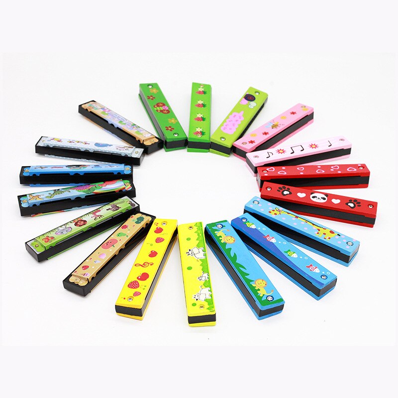 Double Row 16 Hole Harmonica Musical Instruments Children's Wooden Painted Harmonica Early Education Toy Teaching