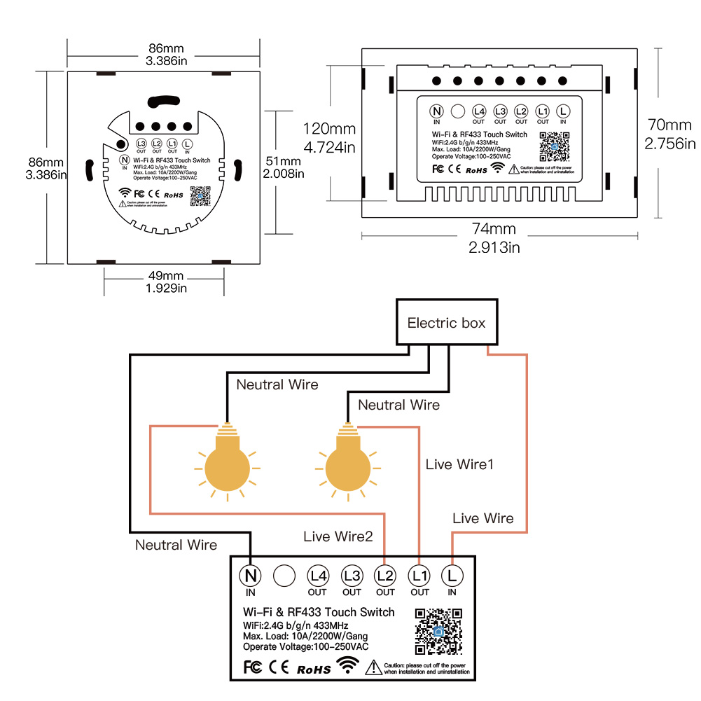 Upgraded WiFi Smart RF433 Touch Switch 2/3 Way Smart Life/Tuya App Control,Alexa Google Home Voice Control EU US 1/2/3 Gang