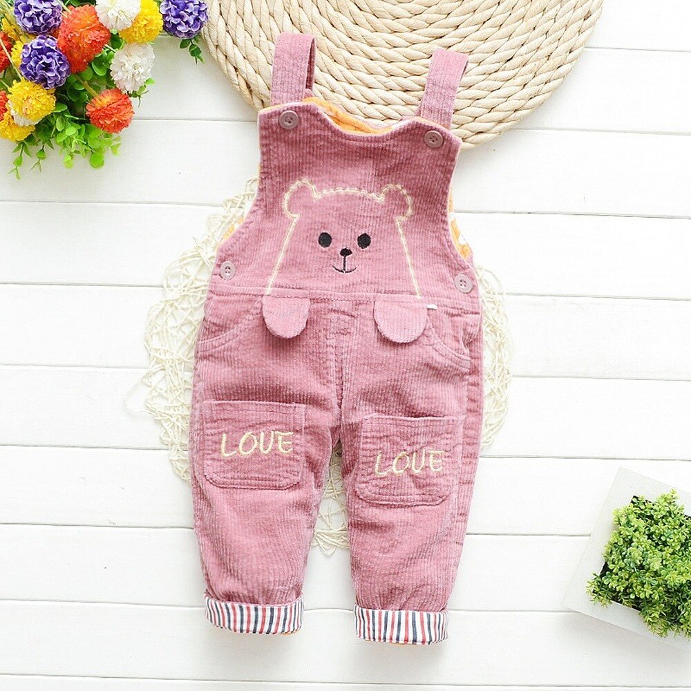 Corduroy engrossar lã inverno calorosamente crianças calças carta rosa denim geral para a menina jeans macacão do bebê crianças macacão