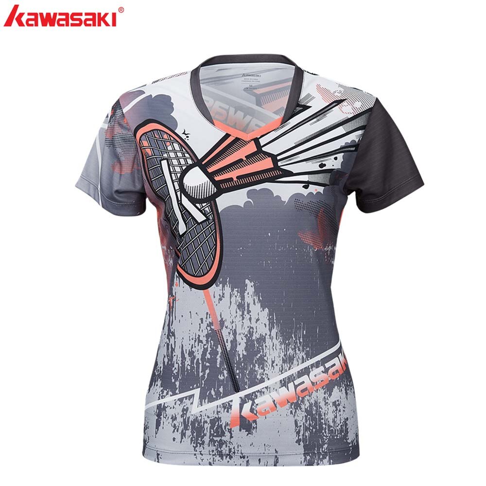 KAWASAKI Tennis T-shirt Fitness Compression Clothing Short Sleeve V Neck Sports Shirt For Ladies Sportswear Badminton ST-S2105: Gray / S