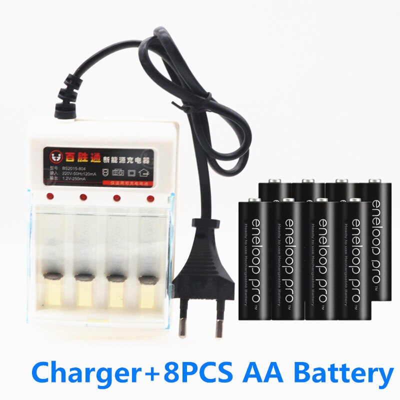 100% Originele Voor Eneloop Aa Batterij 2500 Mah 1.2 V Ni-Lintern Camera Speelgoed Aa Pre Opgeladen Batterij + 1.2 V Aa Charger: Black