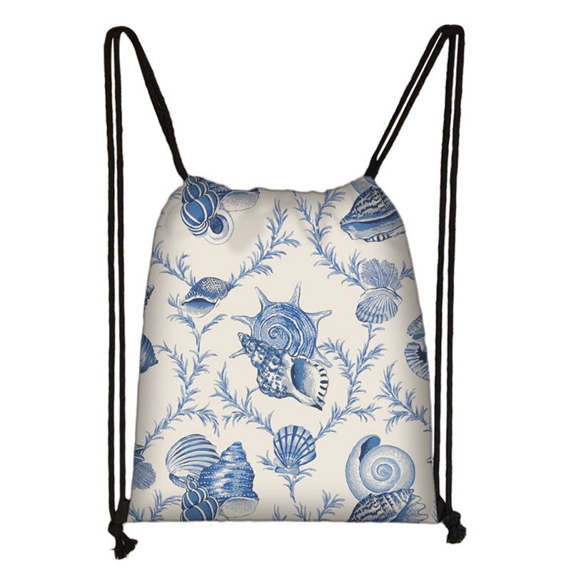 Zee Conch Tekening Afdrukken Trekkoord Tas Vrouwen Opbergtas Jongens Meisjes Casual Fish Zeester Patroon Reistassen Boekentas: skdconch15