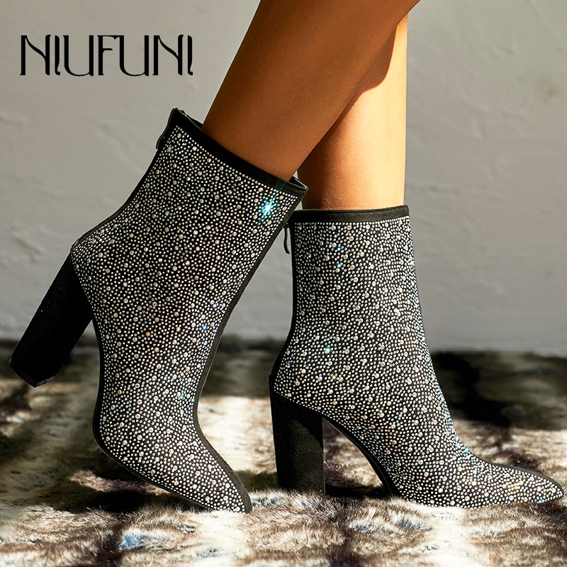 Bottines noires à strass et fermeture éclair pour femmes, à bouts pointus, à talons hauts, chaussures Botas mujer grande taille du 35 au 42