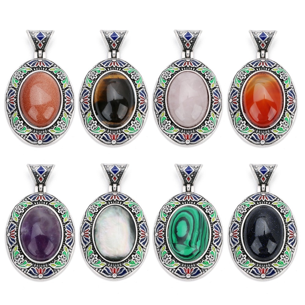 Natural Red Agates Opal Stone 32x40mm Pendants Necklace Jewelry Silver Plated Charm Crystal Boho Ethnic Egg DIY Jewelry Findings