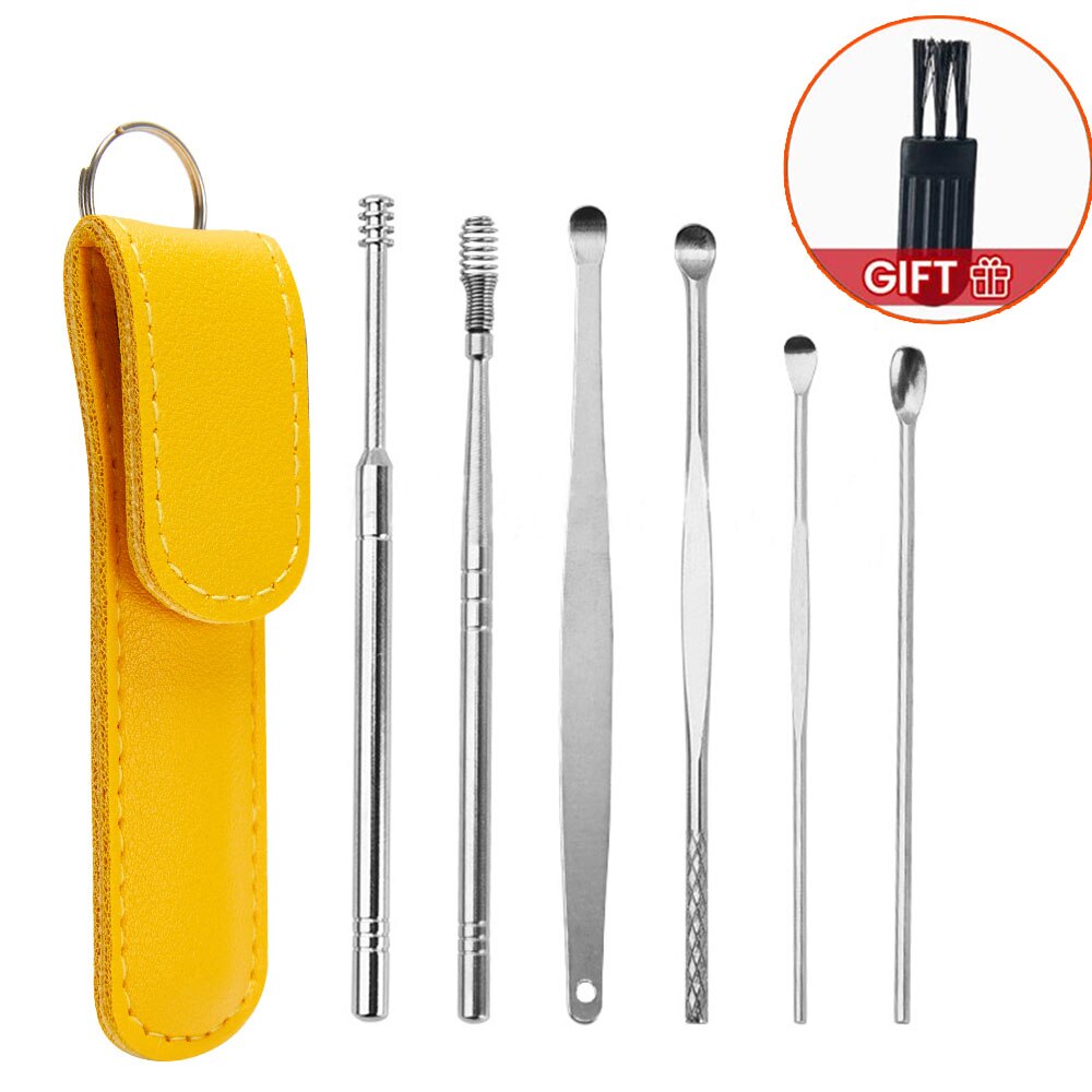 Silicone Ear Care Kit Earpick set Canal Cleaner Earwax Ears Cleaning Stick Tools Massage Removal Wax Earwax Ear Cleaner Spoon: 6Pcs-Yellow