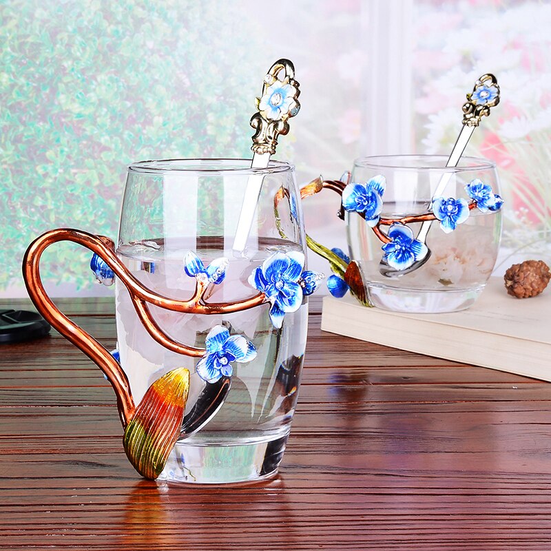 Peach Blossom and Rhinestones Decorated Enamel Coffee Cup Mug Flower Tea Glass Milk Cups Alloy Handgrip Cups and Mugs