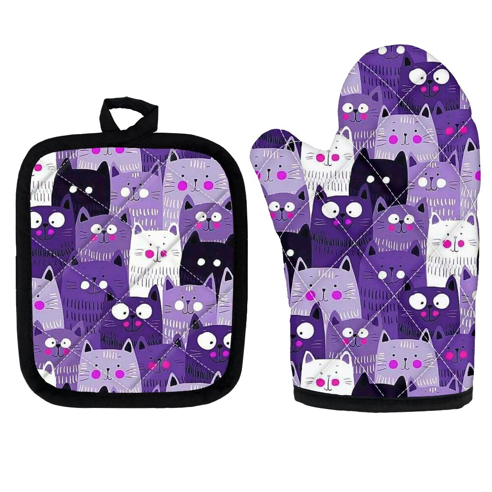 High Heat Protect Gloves Cute Cartoon Cat Print Polyester Microwave Oven BBQ Mitt Potholder Kitchen Mittens and Pad for Cooking: Z5292D19