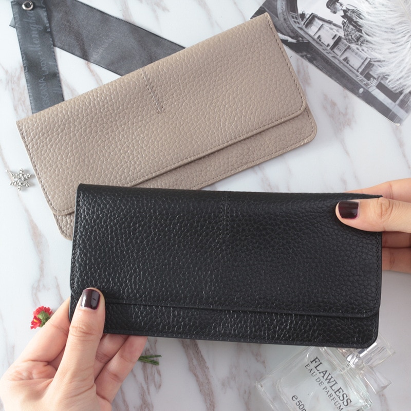 Ladies simple flat card holder wallet Genuine Cow Leather long wallet for women Simple classic couple Leather Wallet