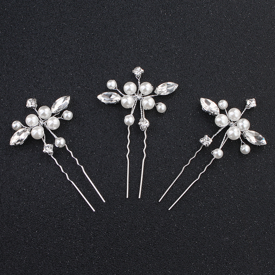 Horquilla en forma de U de flor blanca para mujer, 3 piezas, pinzas para el pelo elegantes, accesorios de joyería para el cabello, adornos para la cabeza de boda: Plata antigua plateada