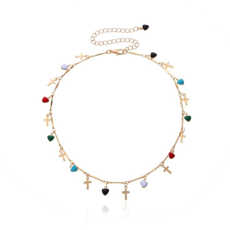 Bohemian Drip-Geglazuurd Liefde Cross Ketting Voor Vrouwen Multi-Layer Kleurrijke Kwasten Crystal Hanger Choker Ketting Mode-sieraden: NY-176-2