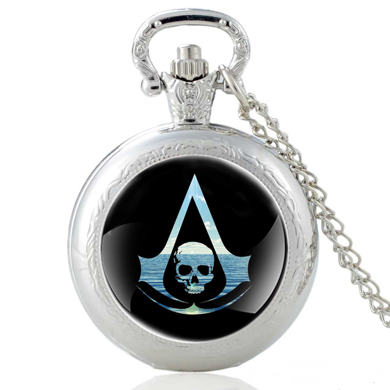 Reloj de bolsillo Vintage para hombre y mujer, pulsera de cuarzo con cabujón de cristal y calavera Assassin, a la , con colgante, para: Silver
