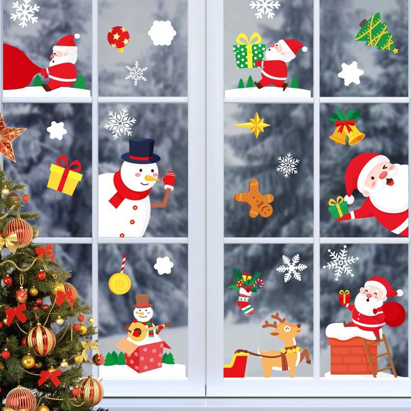 Vrolijk Kerstfeest Stickers Venster Nieuwjaar Muursticker Kerstman Herten Xmas Boom Sneeuwvlok Muur Raam Stickers Navidad Decor