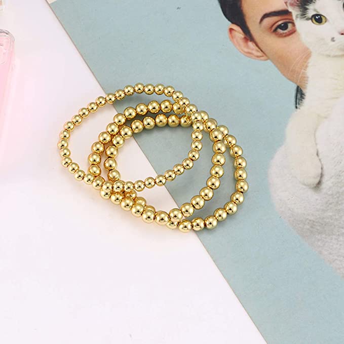 3er -einstellen 4/5/6mm strecken-armbänder mit goldenen kugeln in silberoptik, elastisches, dehnbares kordelseil, geeignet für damen: Goldfarbe