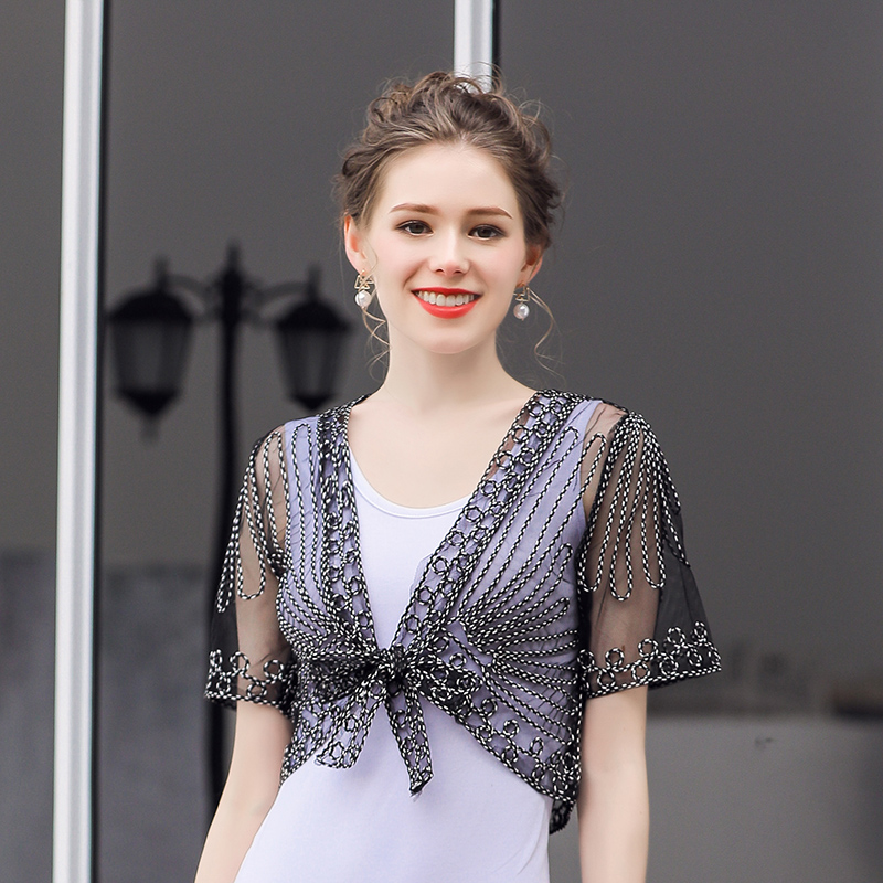 Blanc noir manches courtes veste de mariage boléro en dentelle pour les femmes haussement d'épaules pour les robes de soirée Cape mariée fête formelle manteau veste: Black White / M