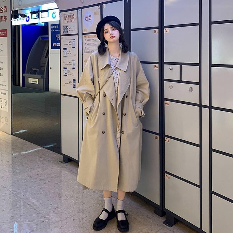 Gabardina larga de color caqui para mujer, abrigos encantadores con botones y doble botonadura, prendas de vestir de estilo japonés británico, Chic que combina con todo para primavera: M