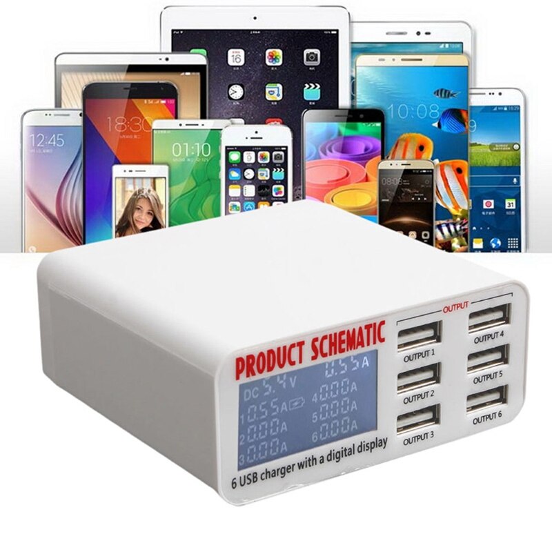 UE/US/UK enchufe 6A 6 Puerto USB cargador rápido HUB adaptador de carga de pared pantalla LCD XXUC