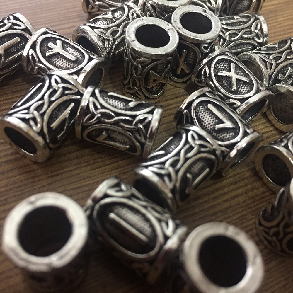 24pcs/Set Vintage Rune Viking Beard Beads TIWAZ TYR Sol Runes Tube Spacer Beads Charms for Hair/Necklace/Bracelet DIY Jewelry